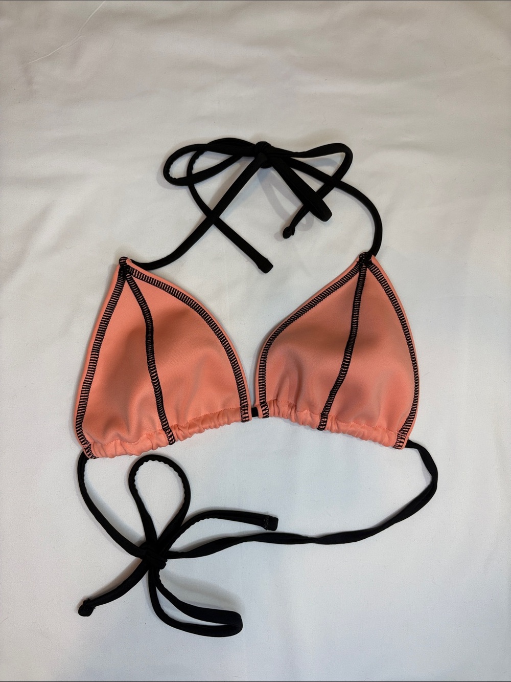 F21 Peachy Pink Neoprene Black Contrast Stitch Triangle Adjustable Tie Bikini